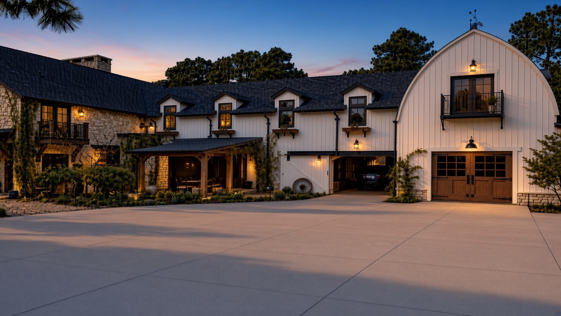 White farmhouse style home with a wide concrete driveway at dusk