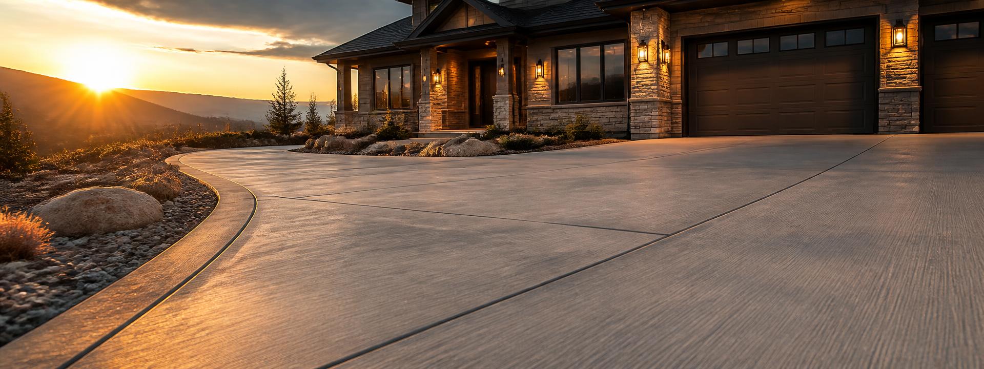 Finished concrete driveway in front of a Colorado home at sunset